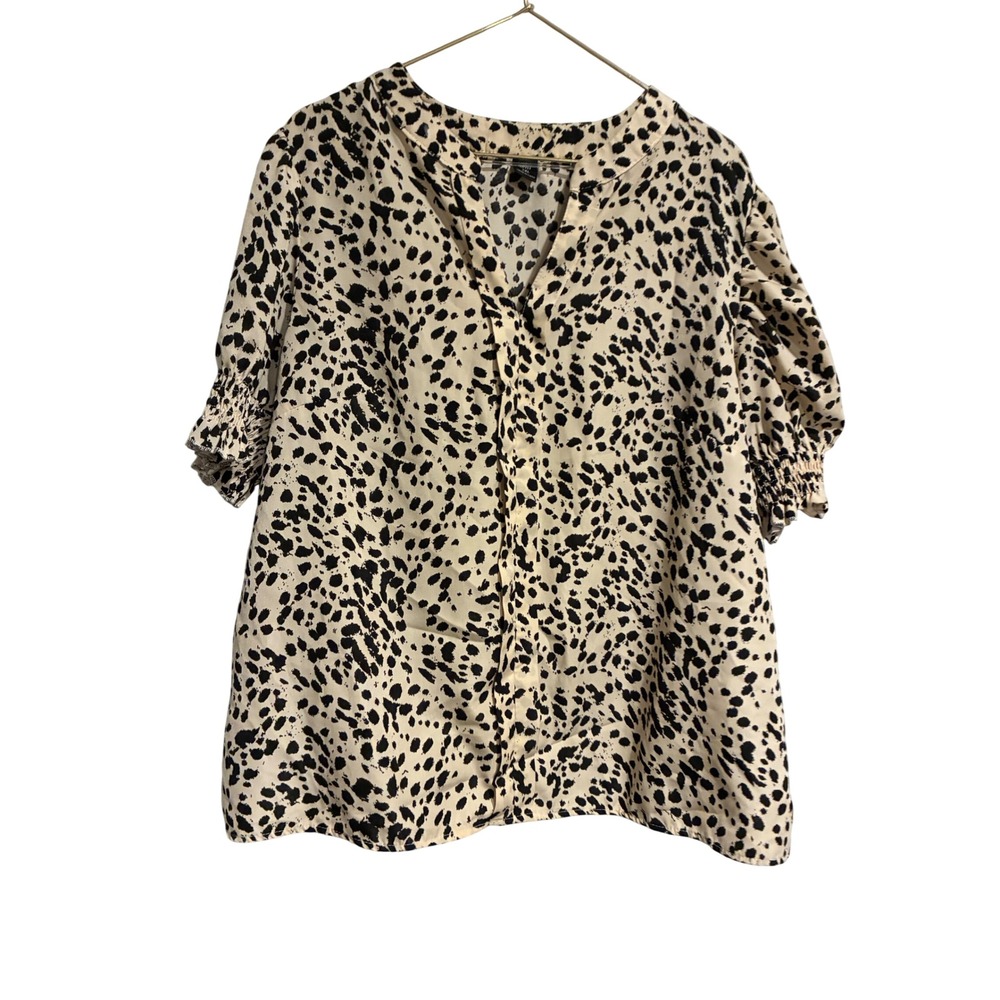 Shein Curve Animal Print Blouse 1XL Cream Black Puff Sleeve Smocked Top